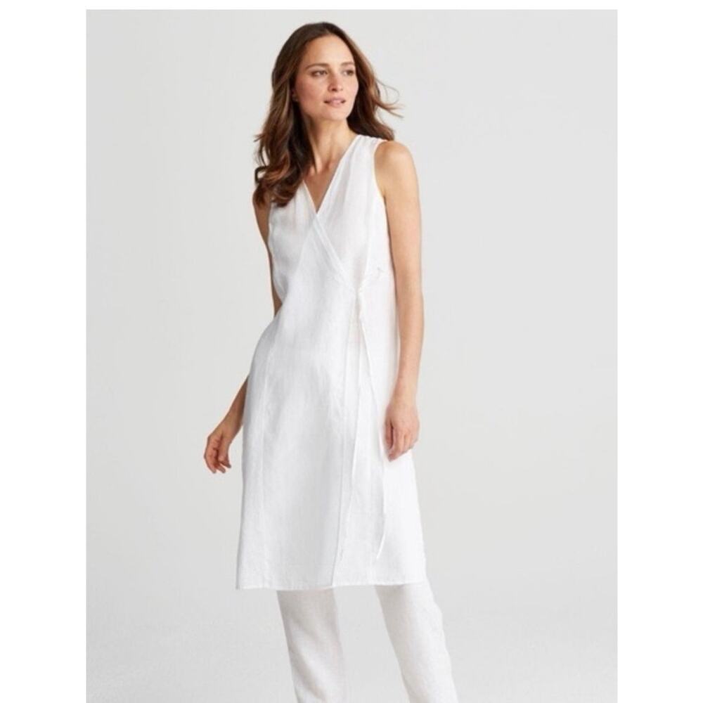 Eileen Fisher Organic Linen White Tunic Wrap Vest Tie Dress Summer (size XS)